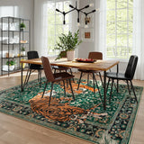 Covaba wild tiger area rug in fern green, styled in a room setting, view 2