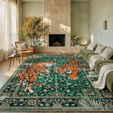 Covaba wild tiger area rug in fern green, styled in a room setting
