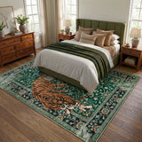 Covaba wild tiger area rug in fern green, styled in a room setting, view 3