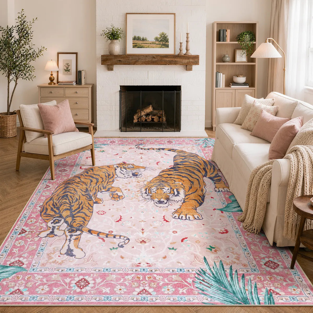 Covaba wild tiger area rug in blush clay, styled in a room setting