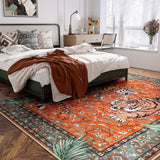 Covaba wild tiger area rug in burnt rust, styled in a room setting, view 2