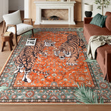 Covaba wild tiger area rug in burnt rust, styled in a room setting