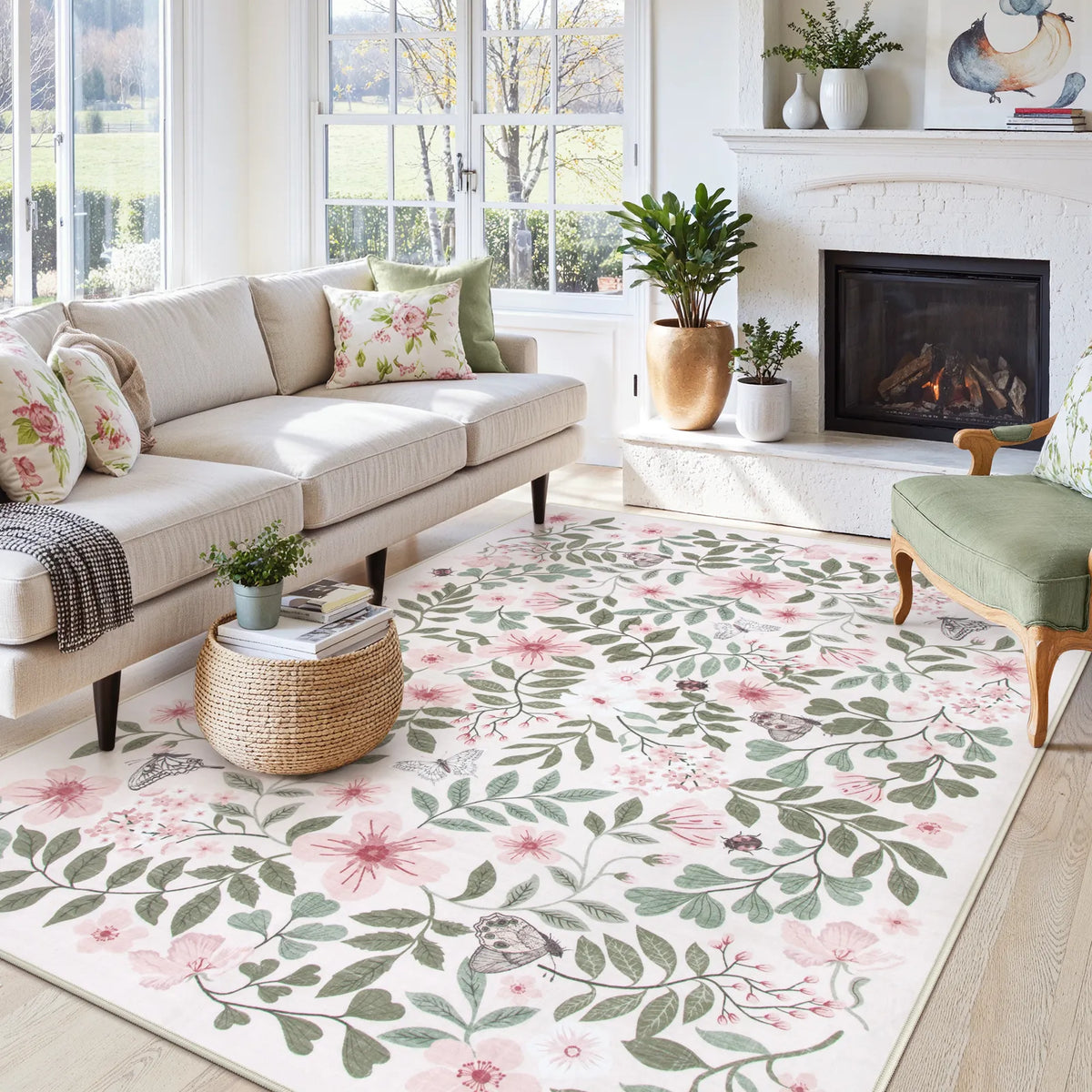 Covaba vintage botanical floral area rug in blush clay, styled in a room setting