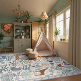 Covaba jungle animals area rug in warm beige, styled in a room setting, view 5