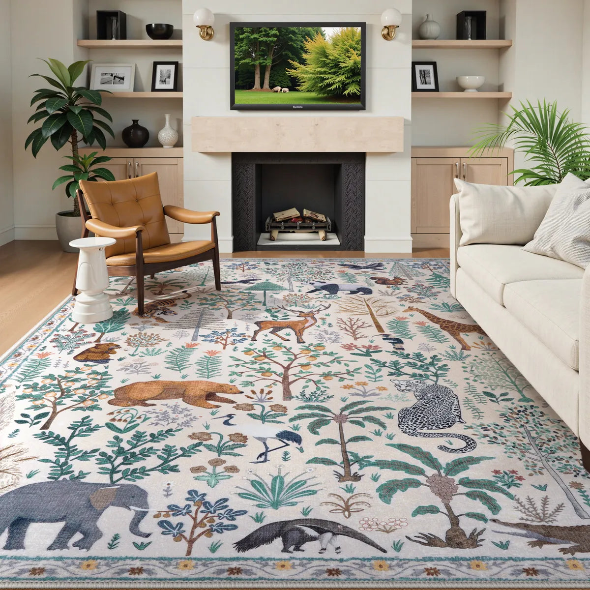 Covaba jungle animals area rug in warm beige, styled in a room setting