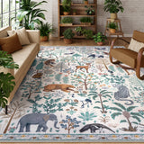 Covaba jungle animals area rug in warm beige, styled in a room setting, view 4