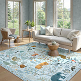 Covaba jungle animals area rug in stormy blue, styled in a room setting, view 4