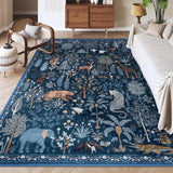 Covaba jungle animals area rug in deep navy, styled in a room setting, view 2