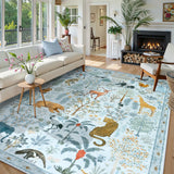 Covaba jungle animals area rug in stormy blue, styled in a room setting, view 2