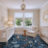 Covaba jungle animals area rug in deep navy, styled in a room setting, view 6