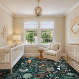 Covaba jungle animals area rug in fern green, styled in a room setting, view 3