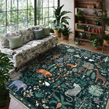 Covaba jungle animals area rug in fern green, styled in a room setting, view 7