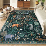 Covaba jungle animals area rug in fern green, styled in a room setting, view 2