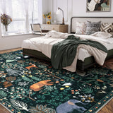 Covaba jungle animals area rug in fern green, styled in a room setting, view 5