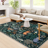 Covaba jungle animals area rug in fern green, styled in a room setting, view 11