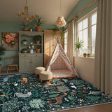 Covaba jungle animals area rug in fern green, styled in a room setting, view 6