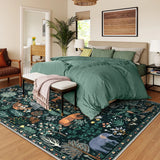 Covaba jungle animals area rug in fern green, styled in a room setting, view 13