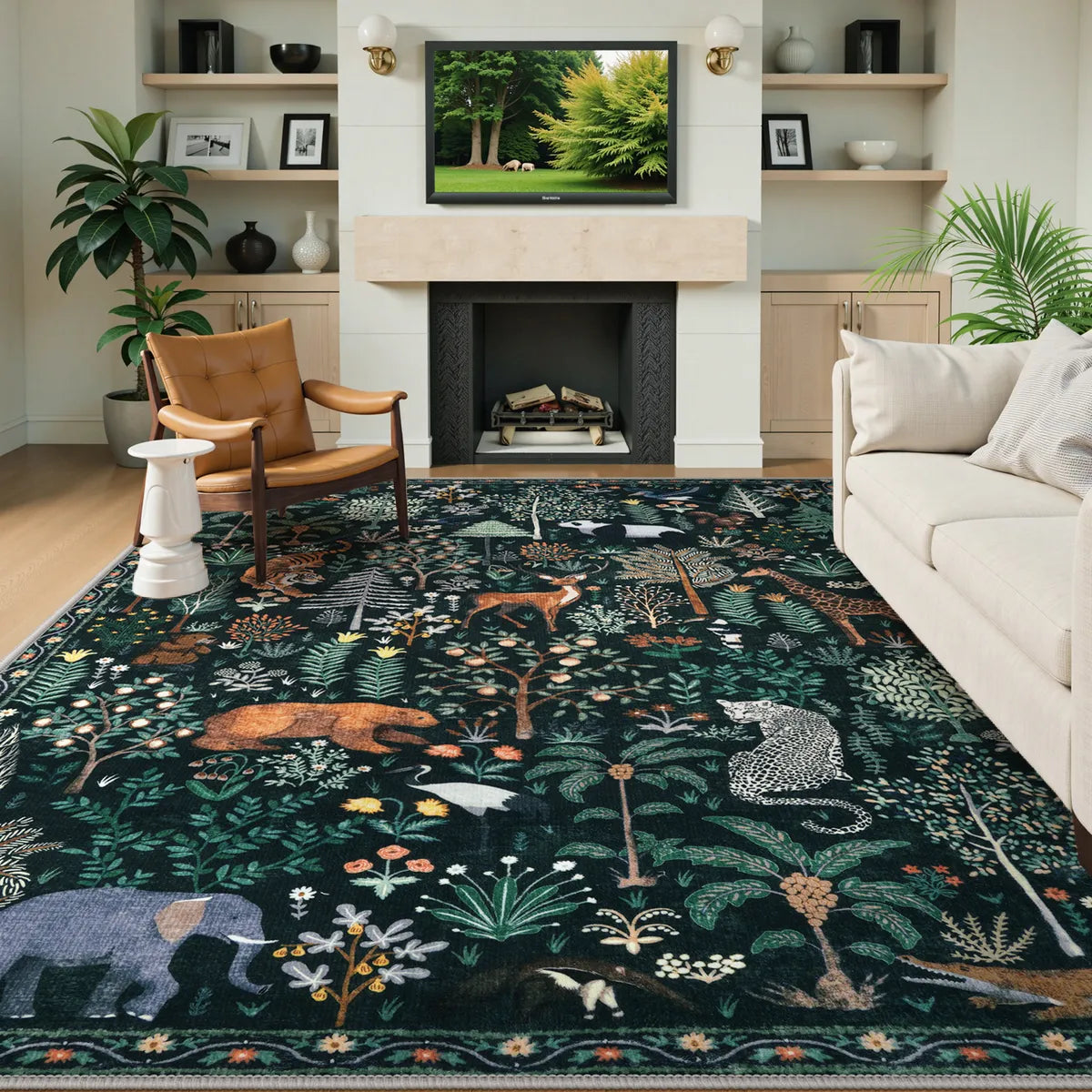 Covaba jungle animals area rug in fern green, styled in a room setting