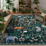 Covaba jungle animals area rug in fern green, styled in a room setting, view 8