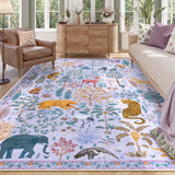 Covaba jungle animals area rug in muted plum, styled in a room setting, view 4