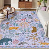 Covaba jungle animals area rug in muted plum, styled in a room setting