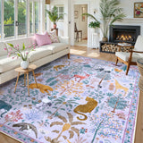 Covaba jungle animals area rug in muted plum, styled in a room setting, view 7