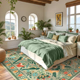 Covaba boho birdsong floral garden area rug in sage mist, styled in a room setting, view 6