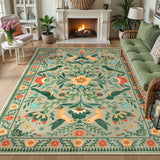 Covaba boho birdsong floral garden area rug in sage mist, styled in a room setting, view 4