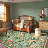 Covaba boho birdsong floral garden area rug in sage mist, styled in a room setting, view 5