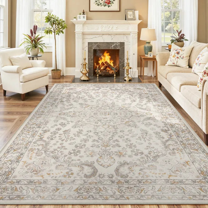 Covaba vintage persian area rug in warm beige, styled in a room setting