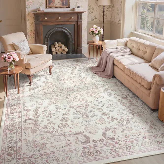 Covaba vintage persian area rug in blush clay, styled in a room setting