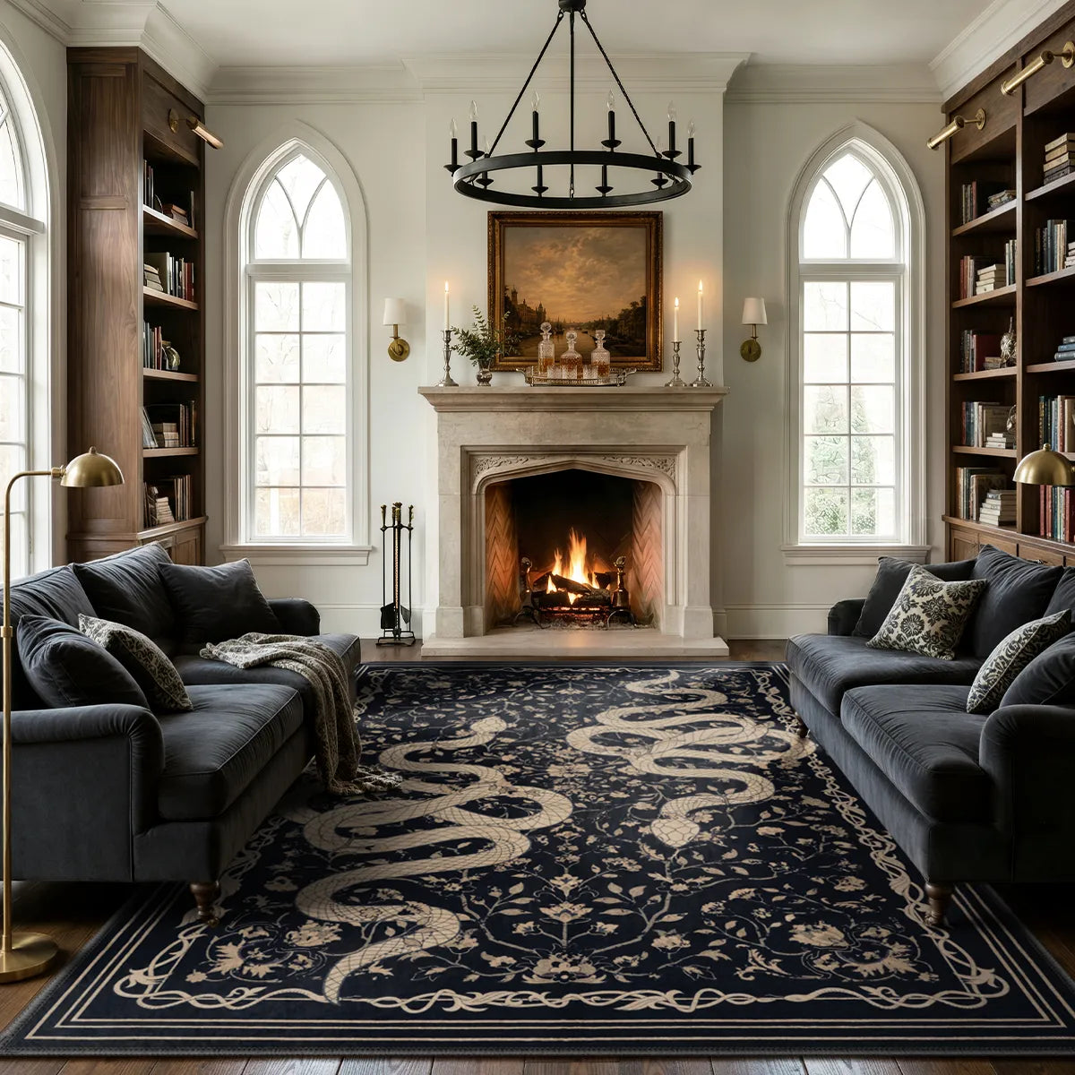 Covaba mystical snake area rug in ink black, styled in a room setting