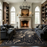 Covaba mystical snake area rug in ink black, styled in a room setting