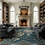 Covaba mystical snake area rug in stormy blue, styled in a room setting