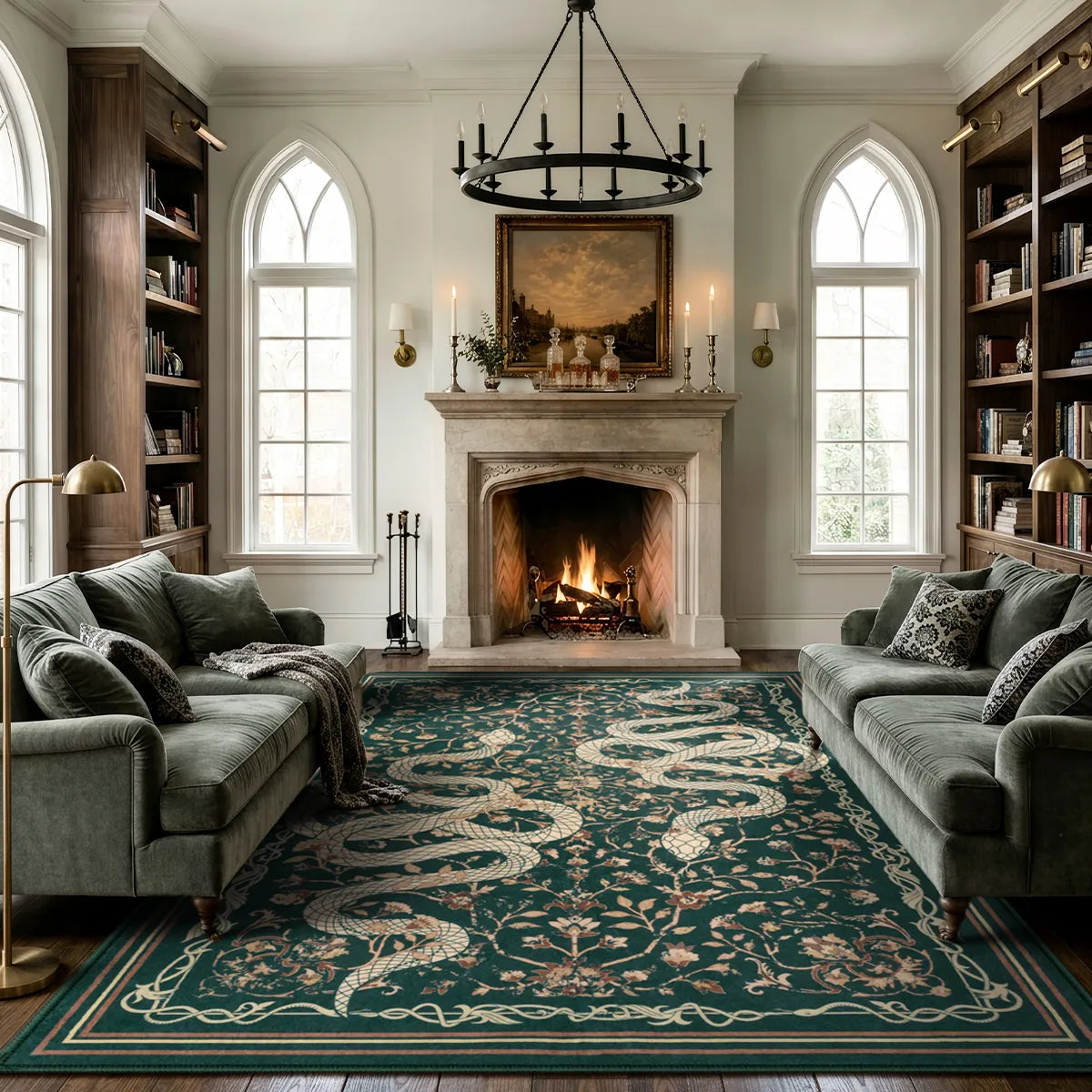 Covaba mystical snake area rug in fern green, styled in a room setting