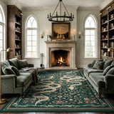 Covaba mystical snake area rug in fern green, styled in a room setting