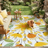 Covaba floral indoor outdoor area rug in golden wheat, styled in a room setting, view 8