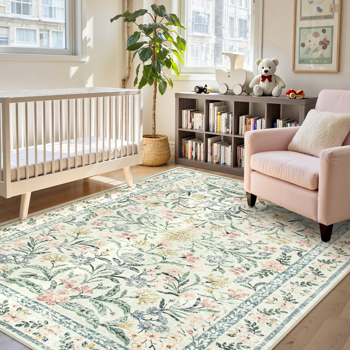 Covaba boho modern parisian garden floral area rug in warm beige, styled in a room setting