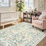 Covaba boho modern parisian garden floral area rug in warm beige, styled in a room setting