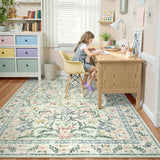 Covaba boho modern parisian garden floral area rug in warm beige, styled in a room setting, view 3