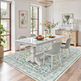 Covaba boho modern parisian garden floral area rug in stormy blue, styled in a room setting, view 3