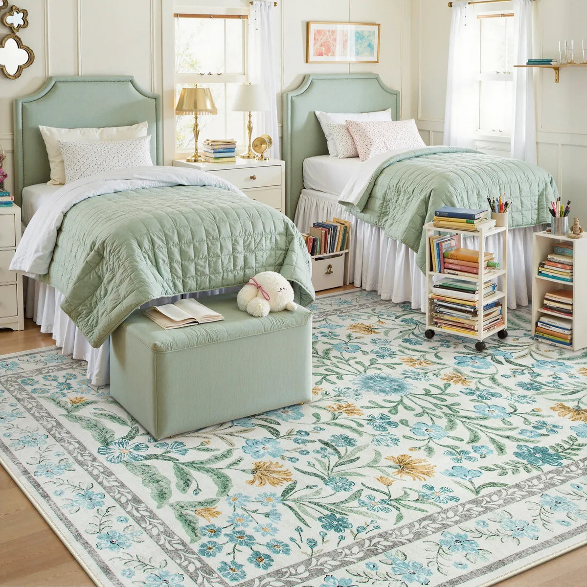 Covaba boho modern parisian garden floral area rug in stormy blue, styled in a room setting