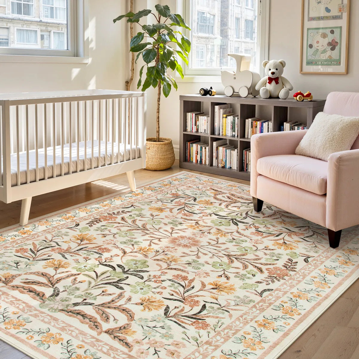 Covaba boho modern parisian garden floral fall area rug in golden wheat, styled in a room setting