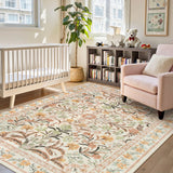 Covaba boho modern parisian garden floral fall area rug in golden wheat, styled in a room setting