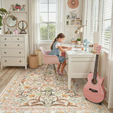 Covaba boho modern parisian garden floral fall area rug in golden wheat, styled in a room setting, view 3