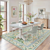 Covaba boho modern parisian garden floral area rug in fern green, styled in a room setting, view 9
