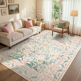 Covaba boho modern parisian garden floral area rug in blush clay, styled in a room setting