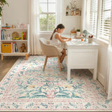 Covaba boho modern parisian garden floral area rug in blush clay, styled in a room setting, view 7