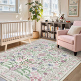 Covaba boho modern parisian garden floral area rug in muted plum, styled in a room setting, view 8
