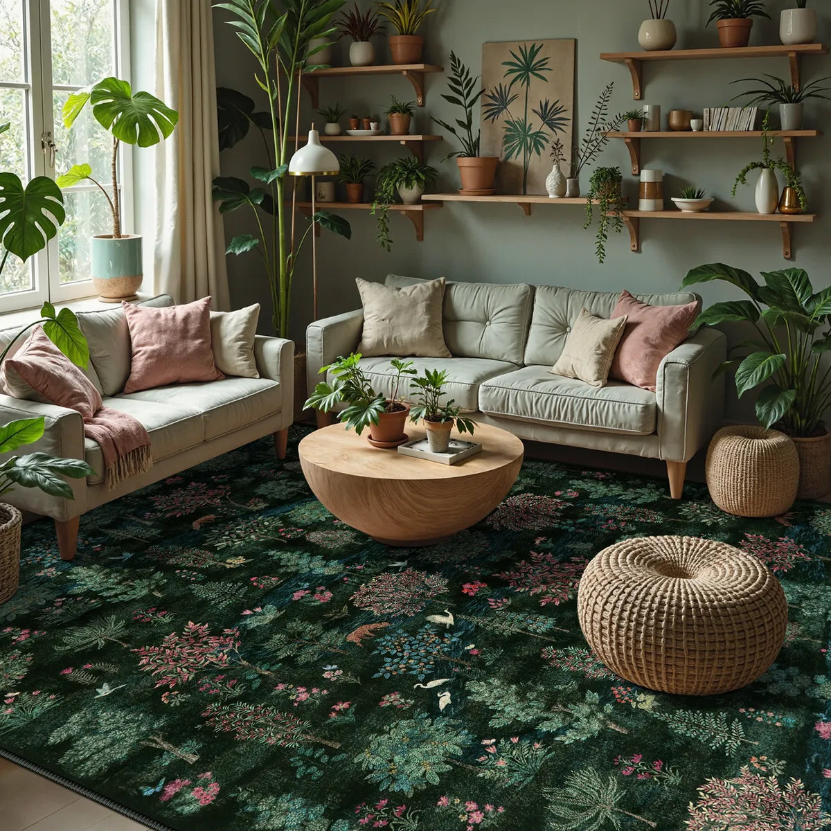 Covaba forest woodland deep area rug in fern green, styled in a room setting